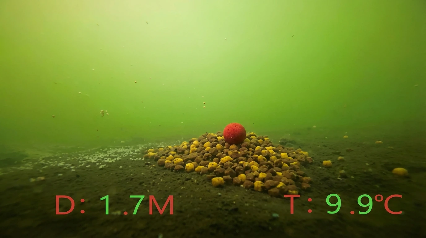 Underwater fishing camera view of a boilie on pellets showing depth 1.7m and water temperature 9.9°C